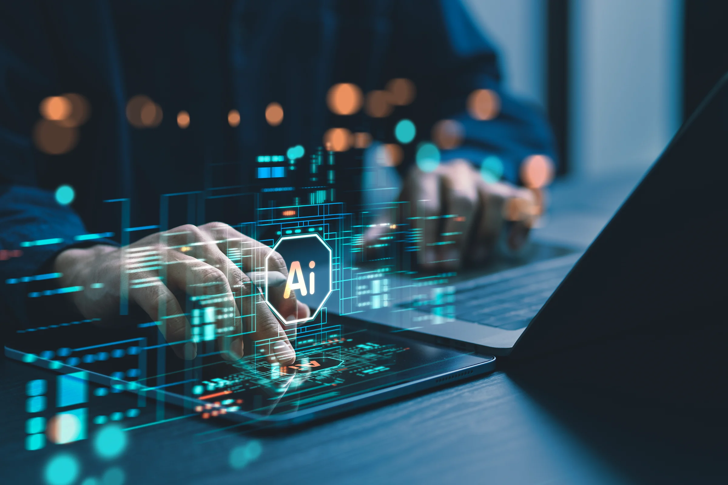 Humans are using laptops and computers to interact with AI, helping them create, code, train AI, or analyze big data with fast, cutting-edge  technology.